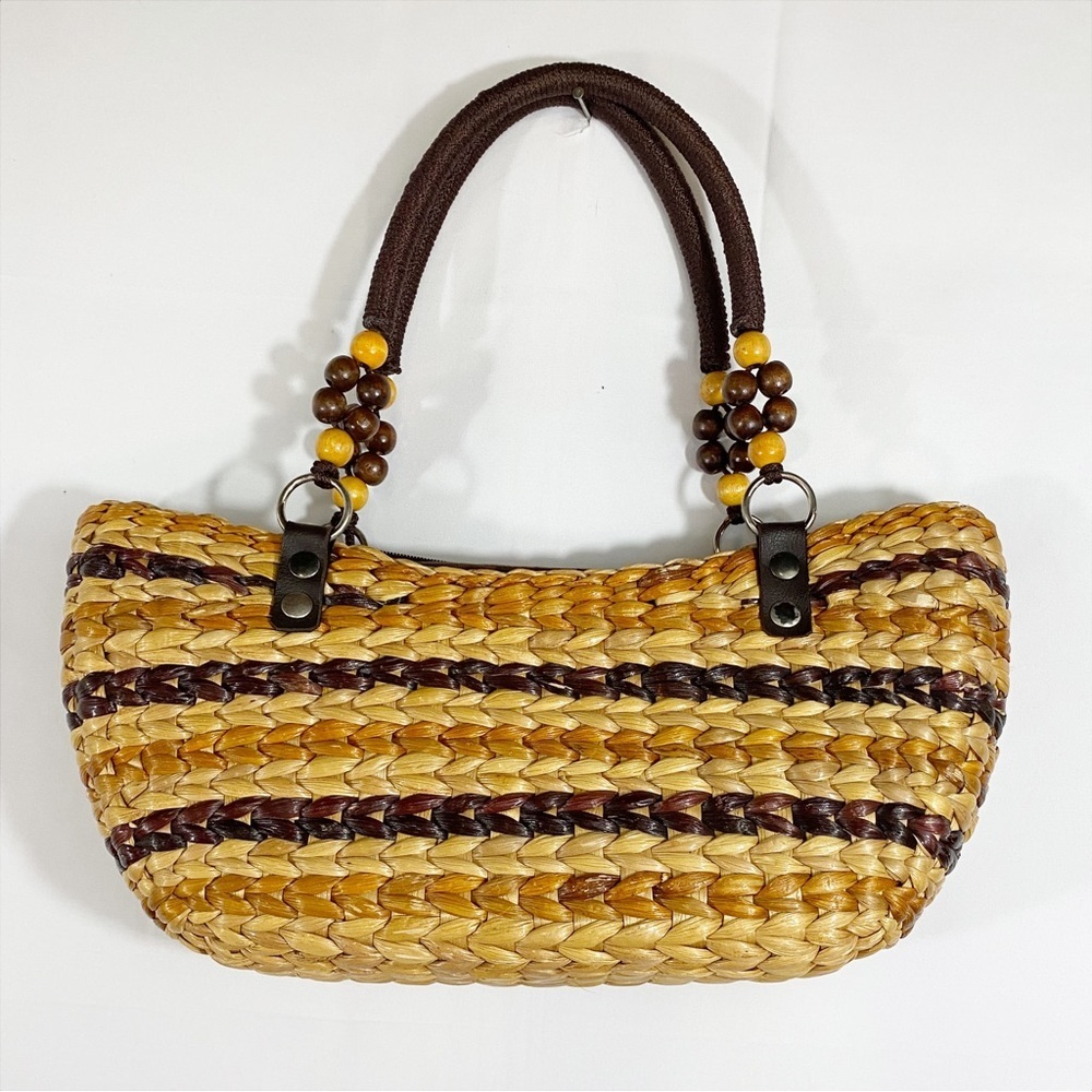Rattan Woven Handbag w/ Bead Accented Straps – Boho Chic – Vacation Ready